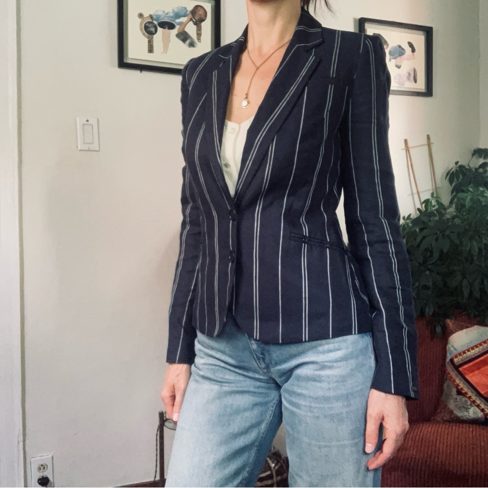 Tommy Hilfiger Navy Striped Linen Blazer – Size 4
